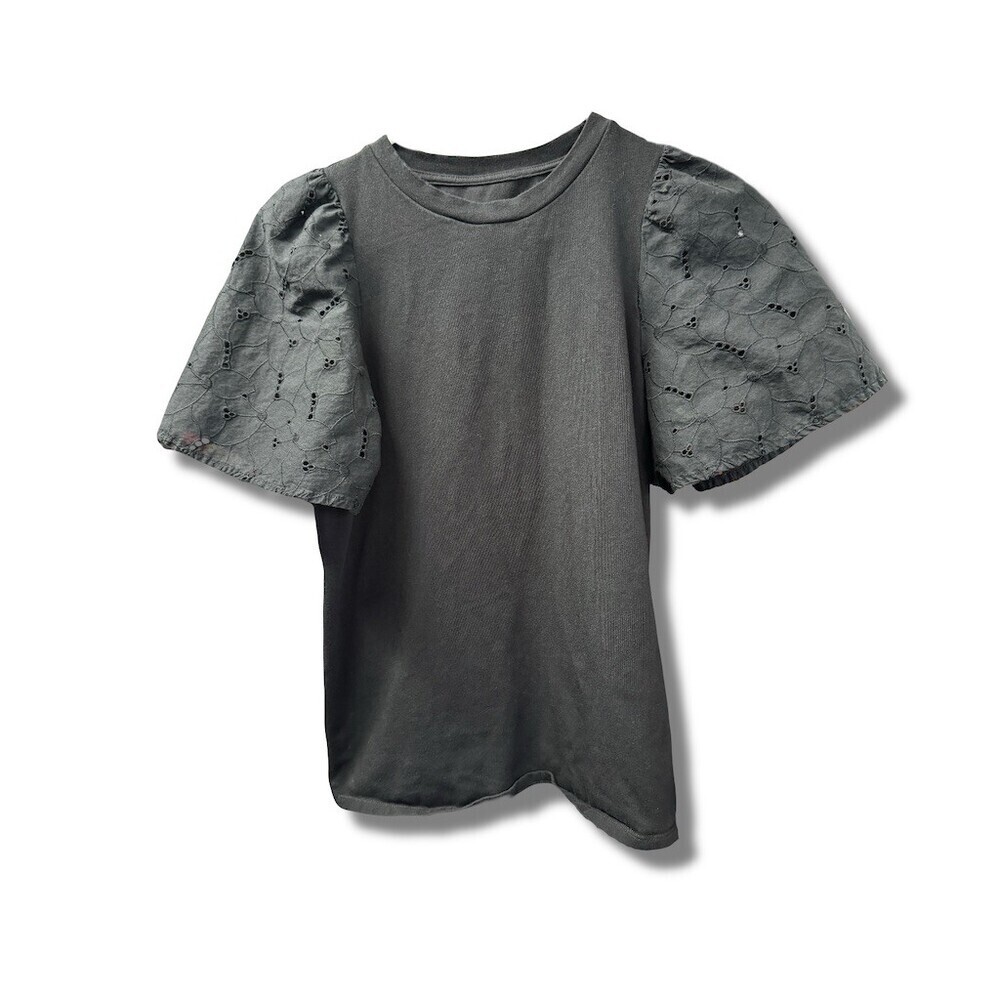 A New Day T-Shirt Top Womens XS Black Puff Sleeve Eyelet Embroidery Crew